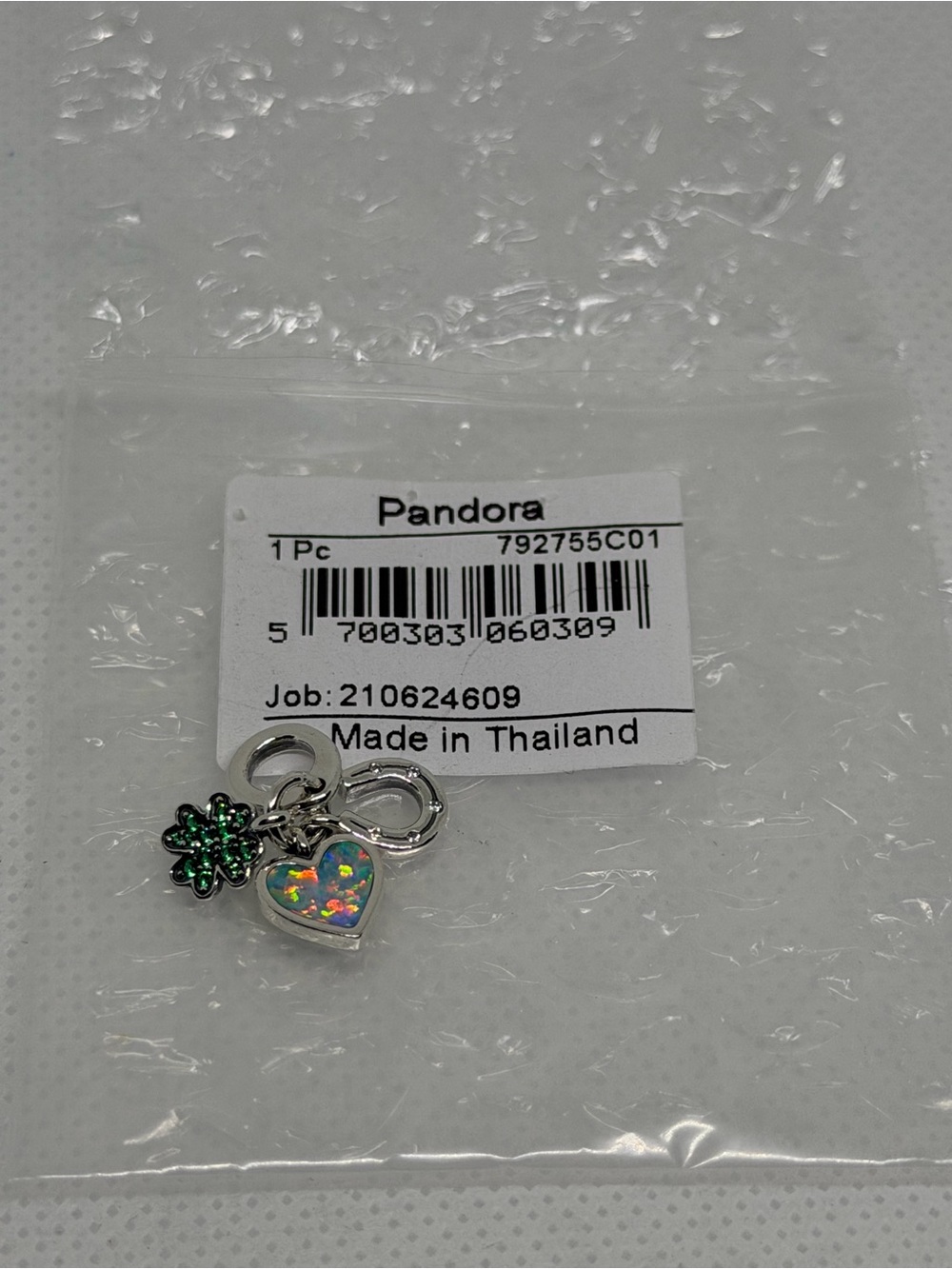 Pandora Silver Heart Charm with Iridescent Opal and Green Clover
